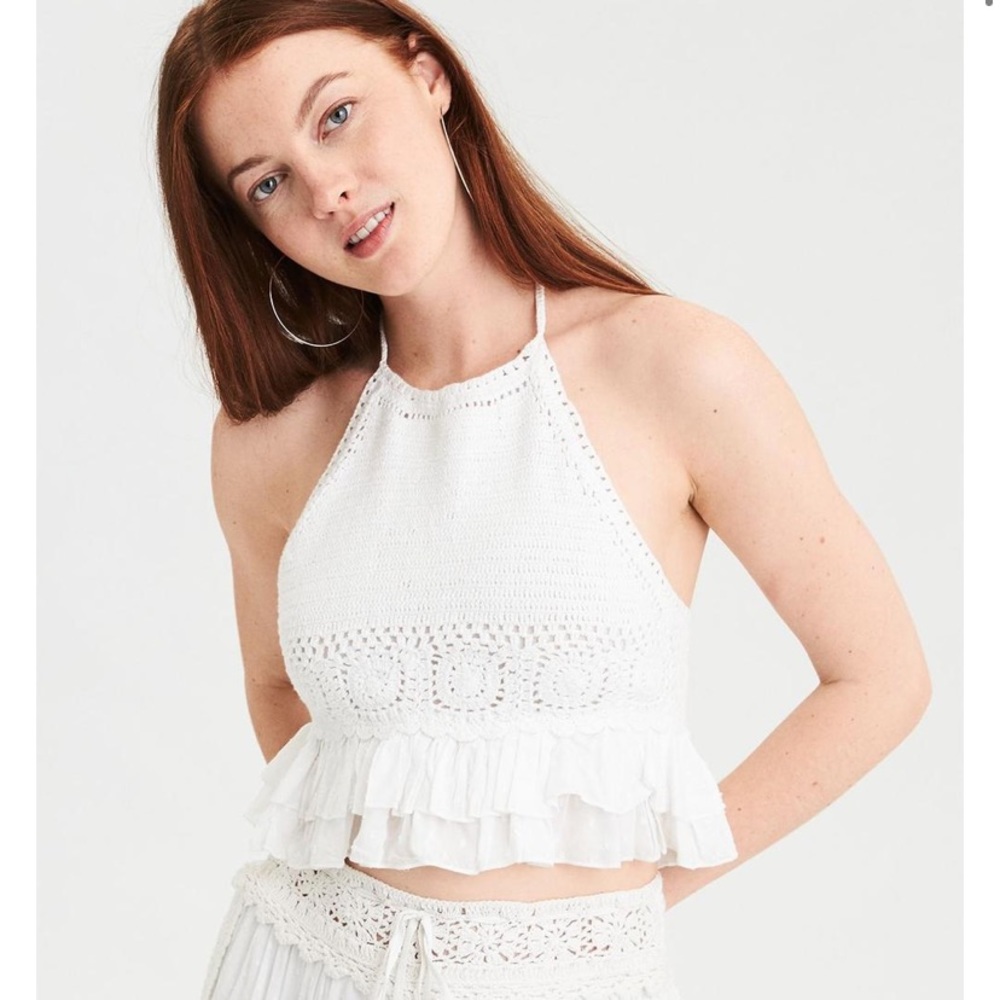 American Eagle White Crochet Halter Top